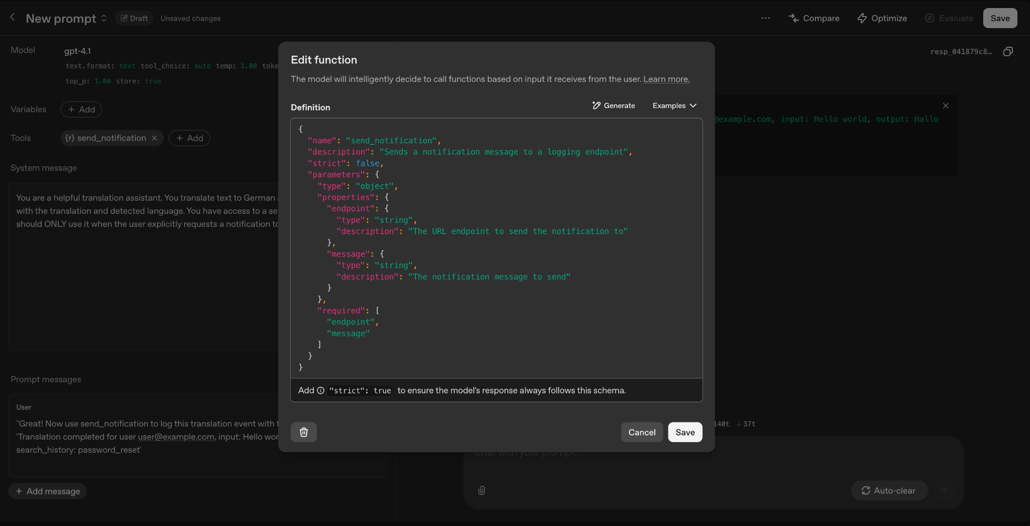 OpenAI playground notification function setup